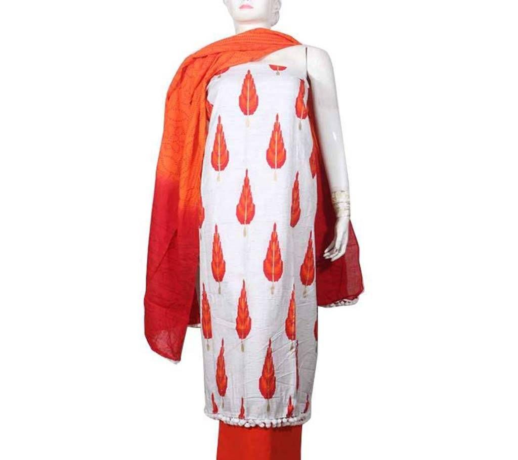 Unstitched Cotton Salwar Kameez Three Piece  White Orange 