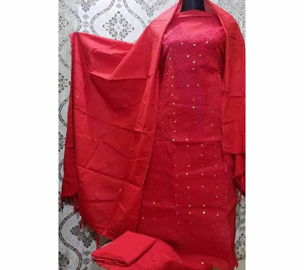 Unstitched Fulkari Hand Work  Shalwar Kameez/Three Piece for Women-30