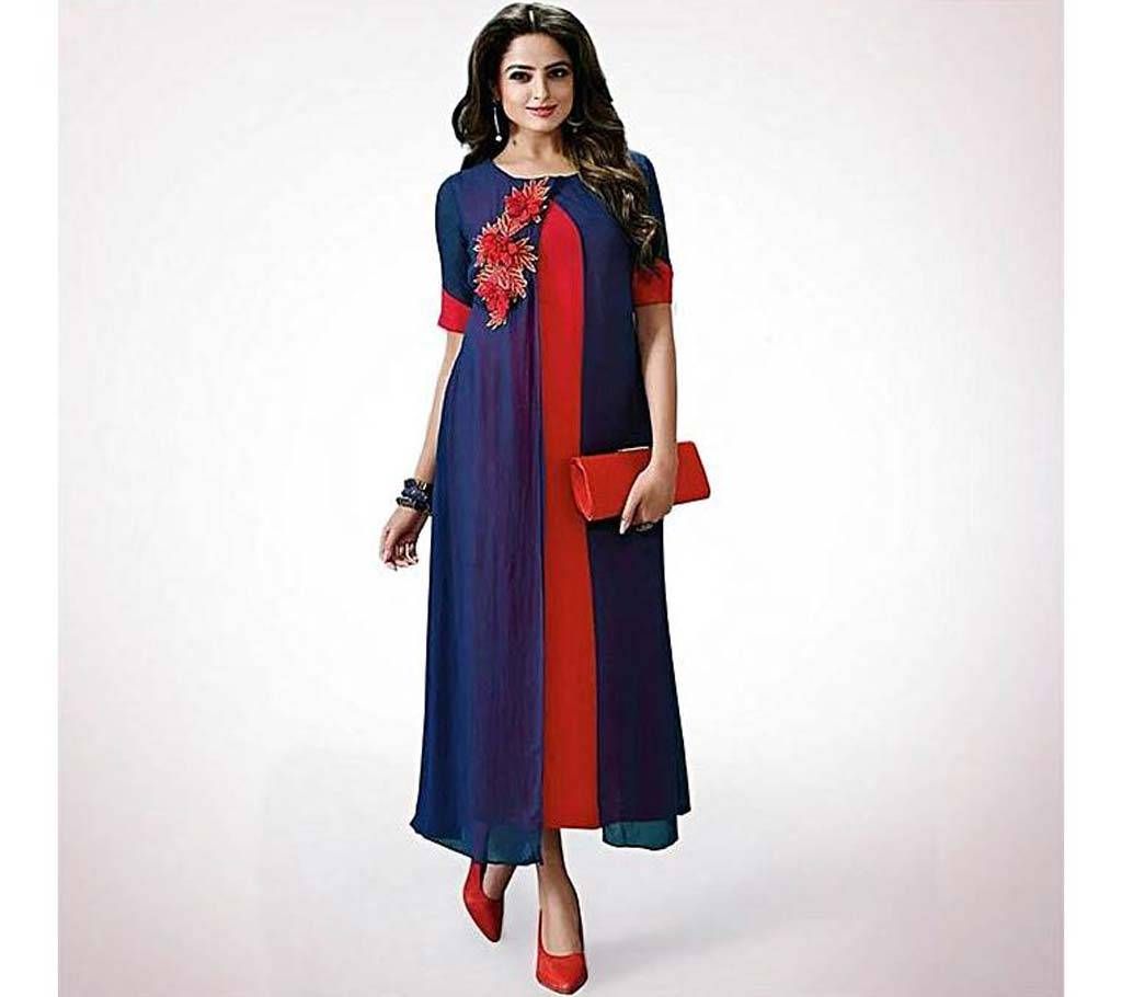 Unstitched Navy Blue and Red Embroidery Kurti 