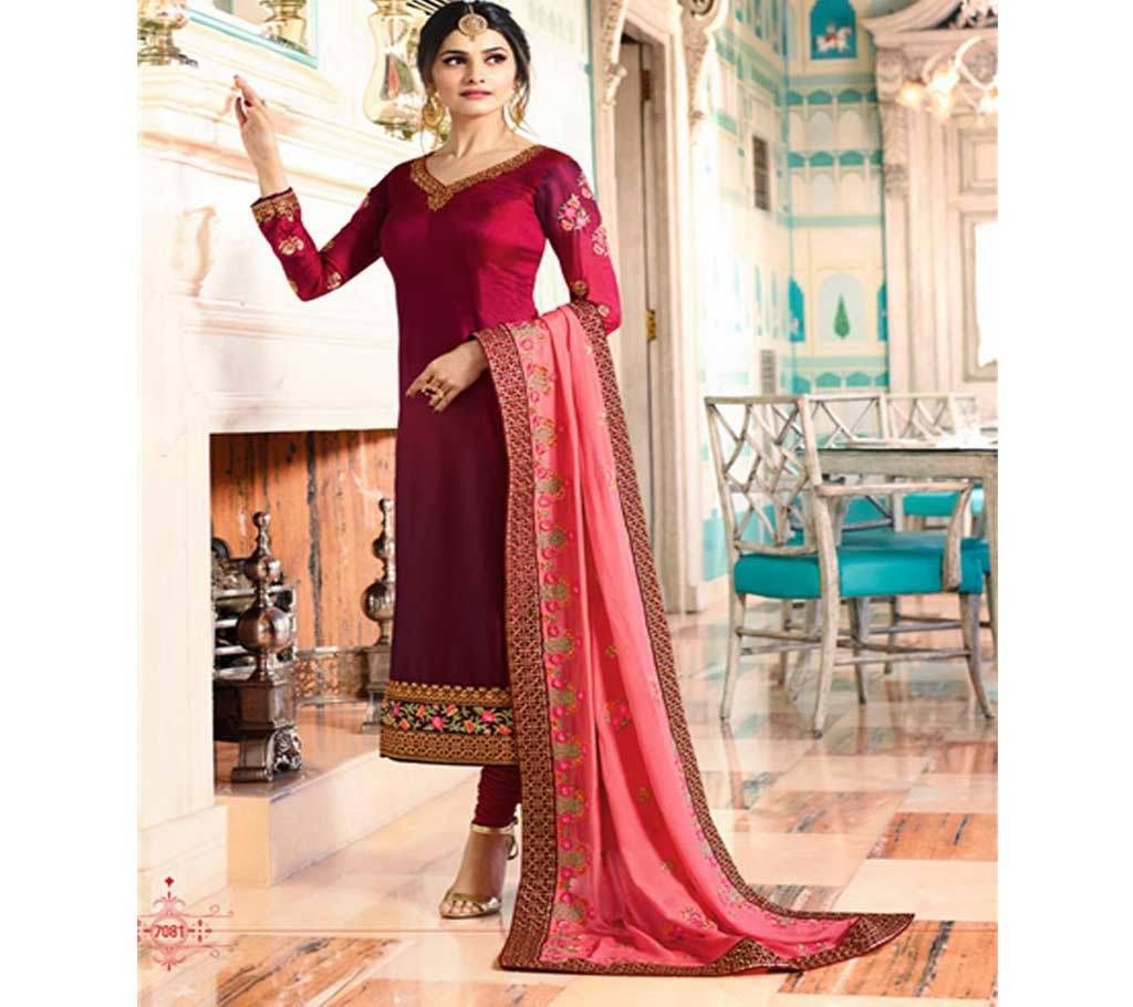 Semi Stitched Embroidery Silk Three Piece 