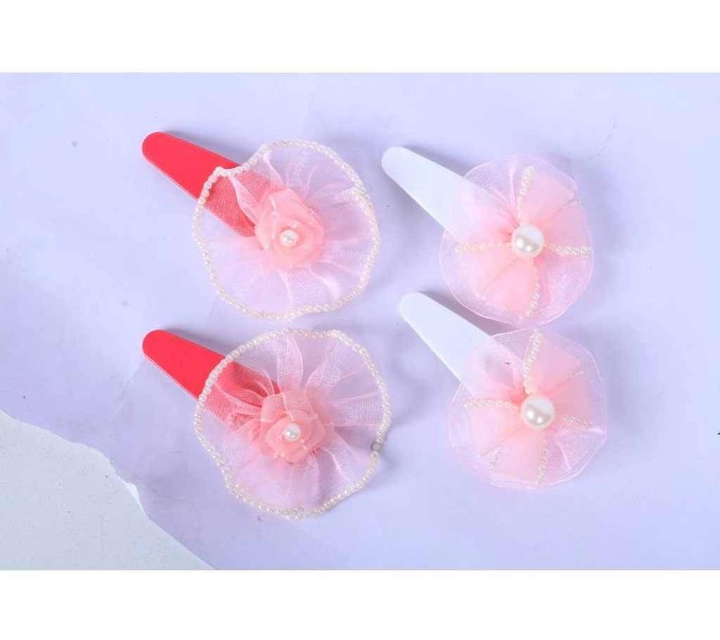Pink Rose And Bow Hair Clip - 2 Pcs Set