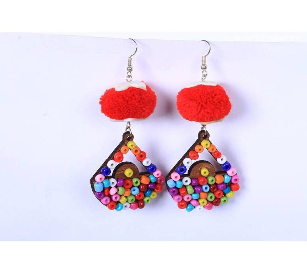 Red pom pom earring with seed beads