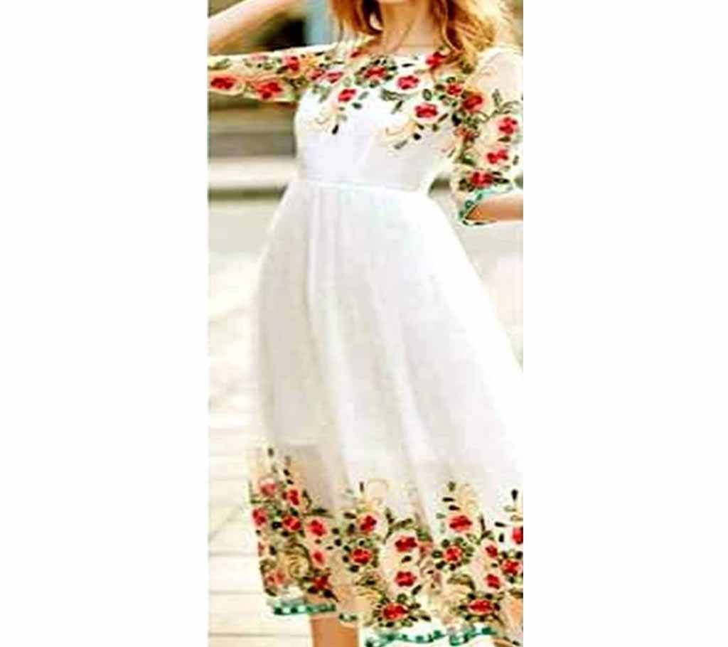 White Semi-Stitched Georgette Gown For Women