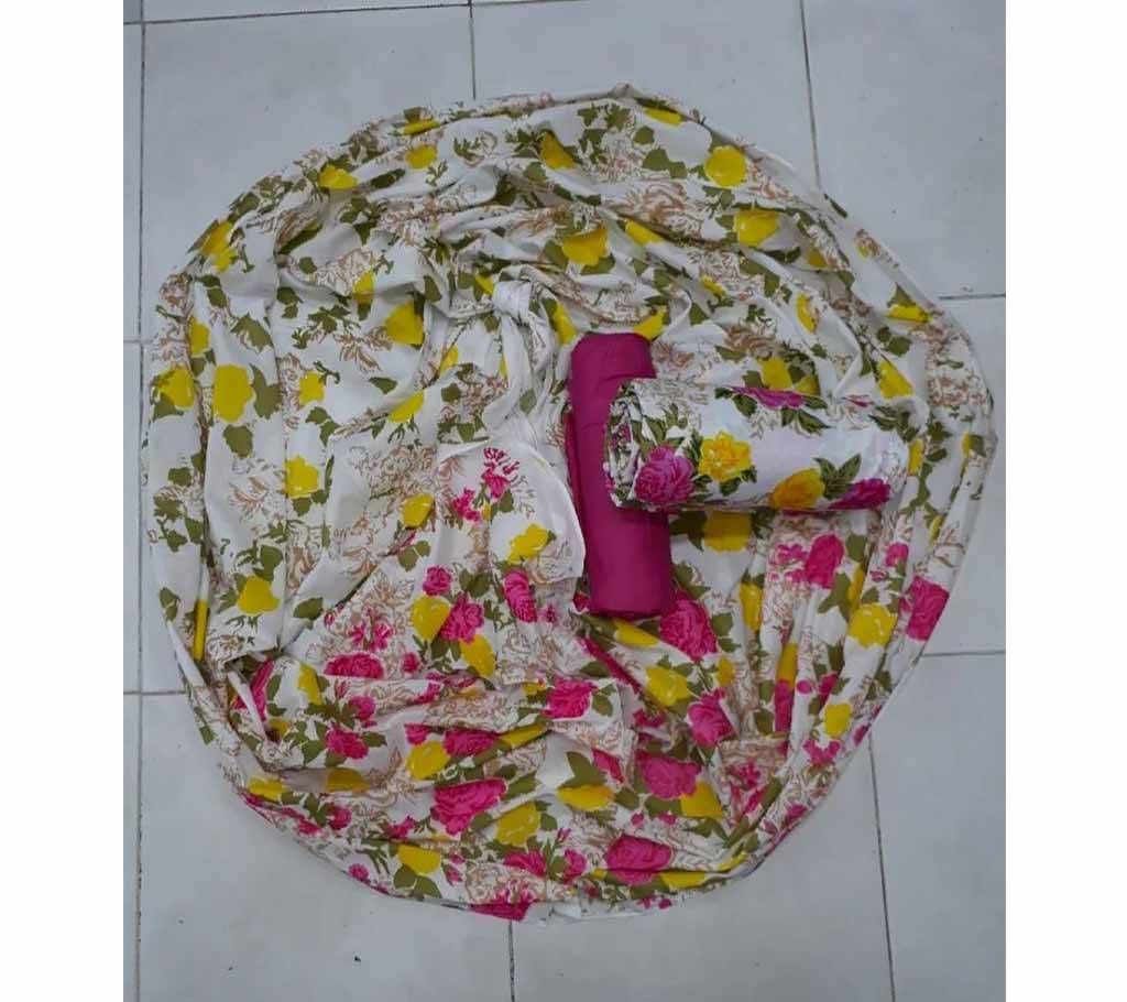 Joypuri Cotton Screen Print - White Color With Pink And Yellow Color Flower Design
