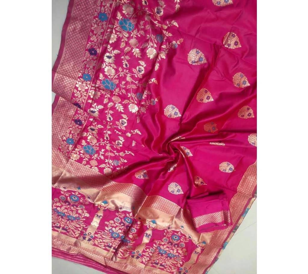 Banaras silk Saree with blouse pice 5 Carmine pink with Gold Mix color paar
