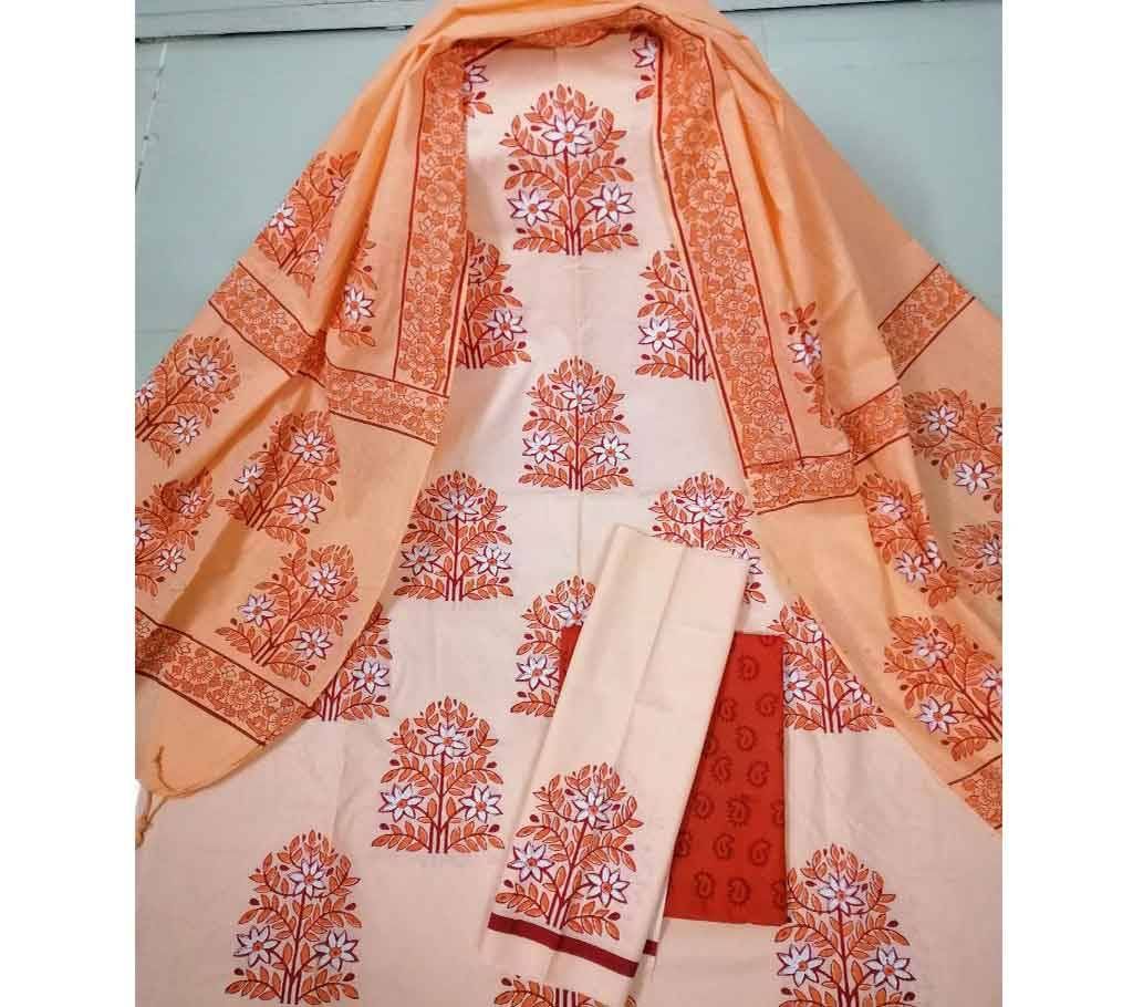 Unstitched Deshi Cotton 3Pcs with Cotton Orna - 21 - Light Bisque with Flower Design