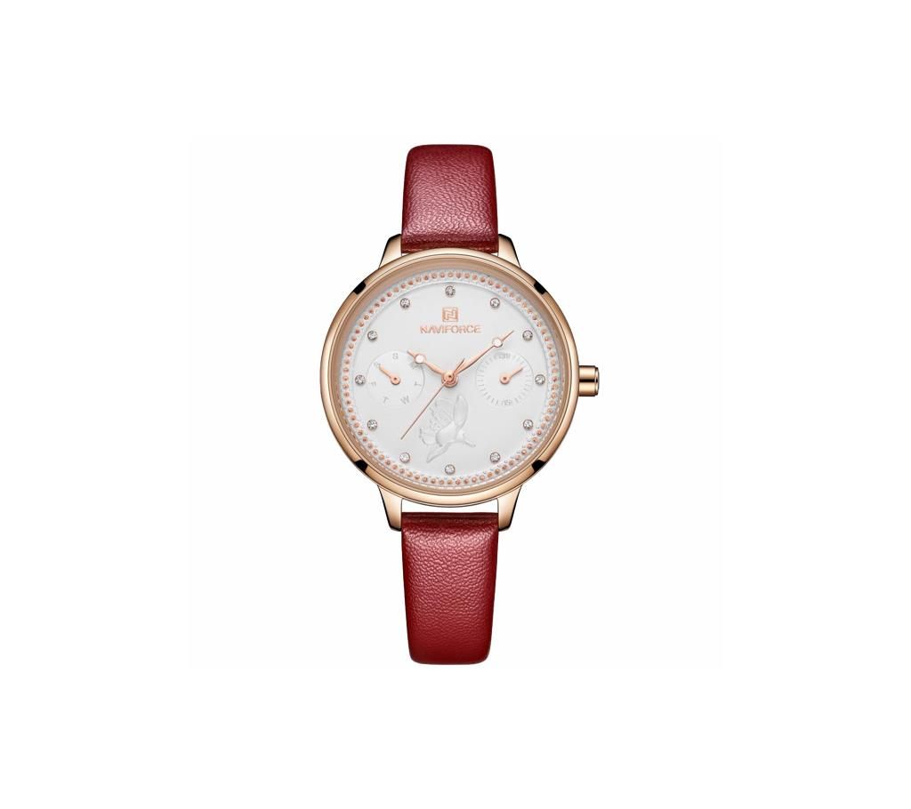 NAVIFORCE NF5003 Red PU Leather Sub-Dials Chronograph Watch For Women - Red & RoseGold