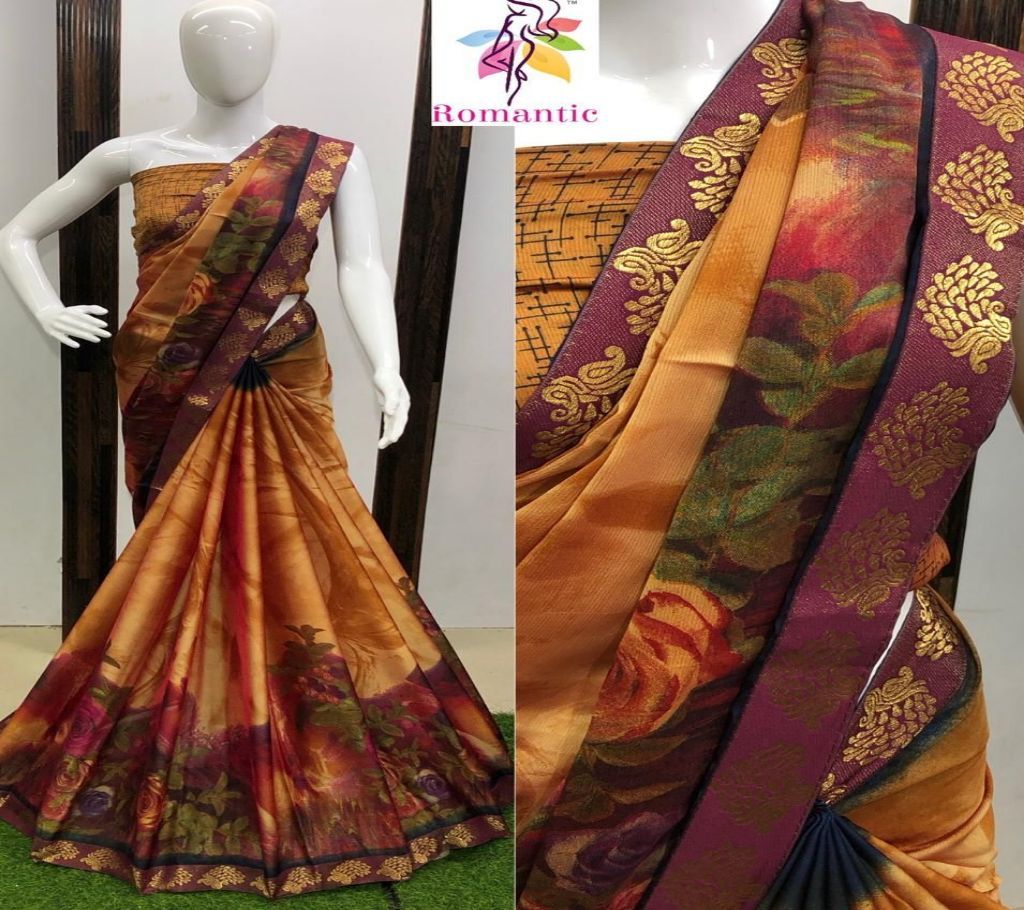 Romantic Pedding Printed Saree with Banarasi Border & Running Blouse Piece- 04 Bronze Color