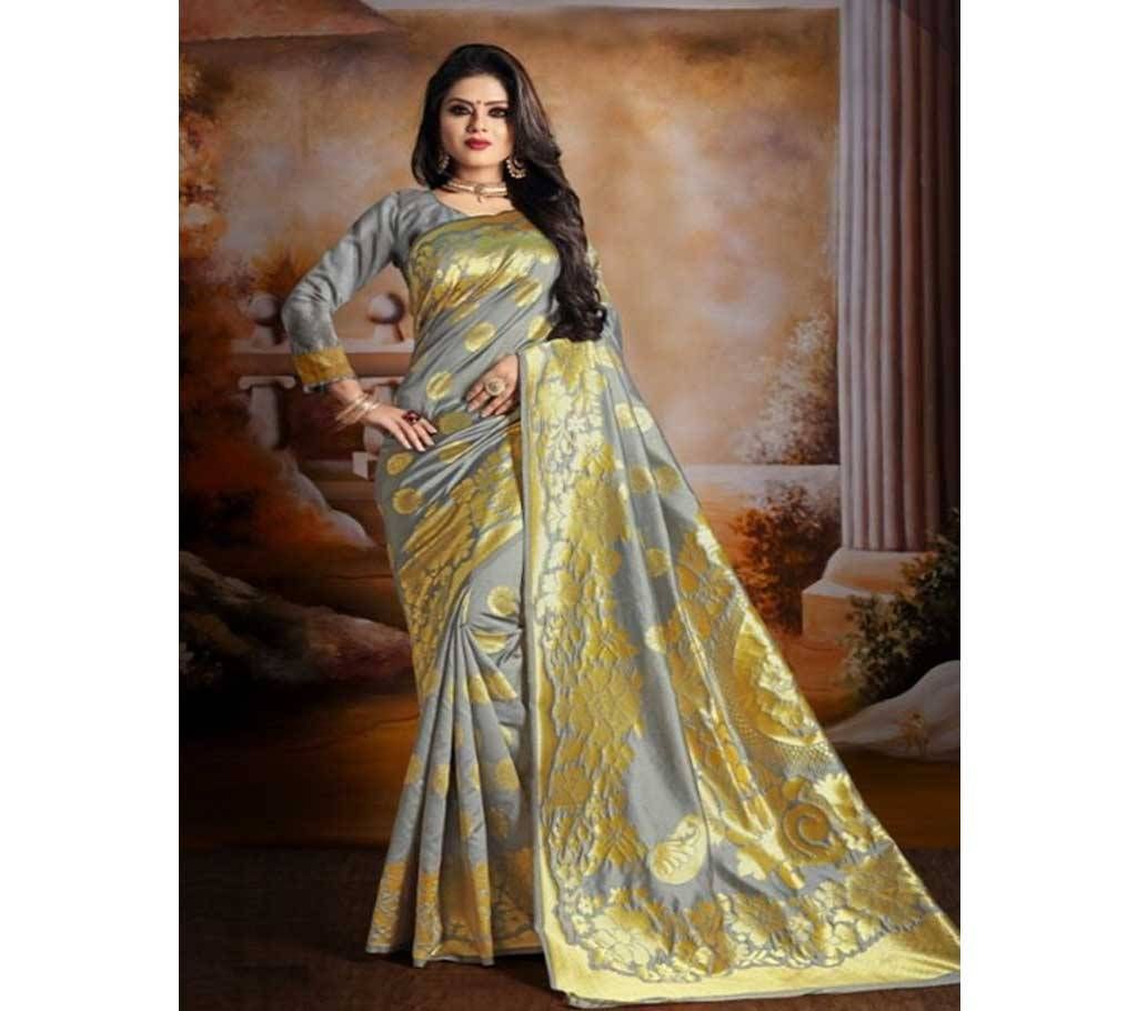 Ash and Golden Embroidery Work Katan Saree For Women