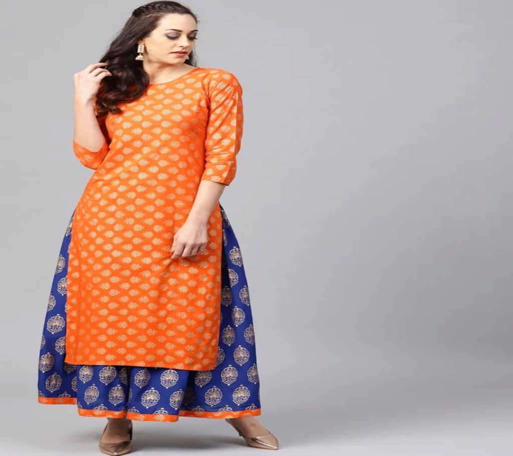 Unstitched Orange Kameez with Navy Blue Stitched Skirt 01 - MHG Unstitched Kameez with Stitched Skirt 2 Piece