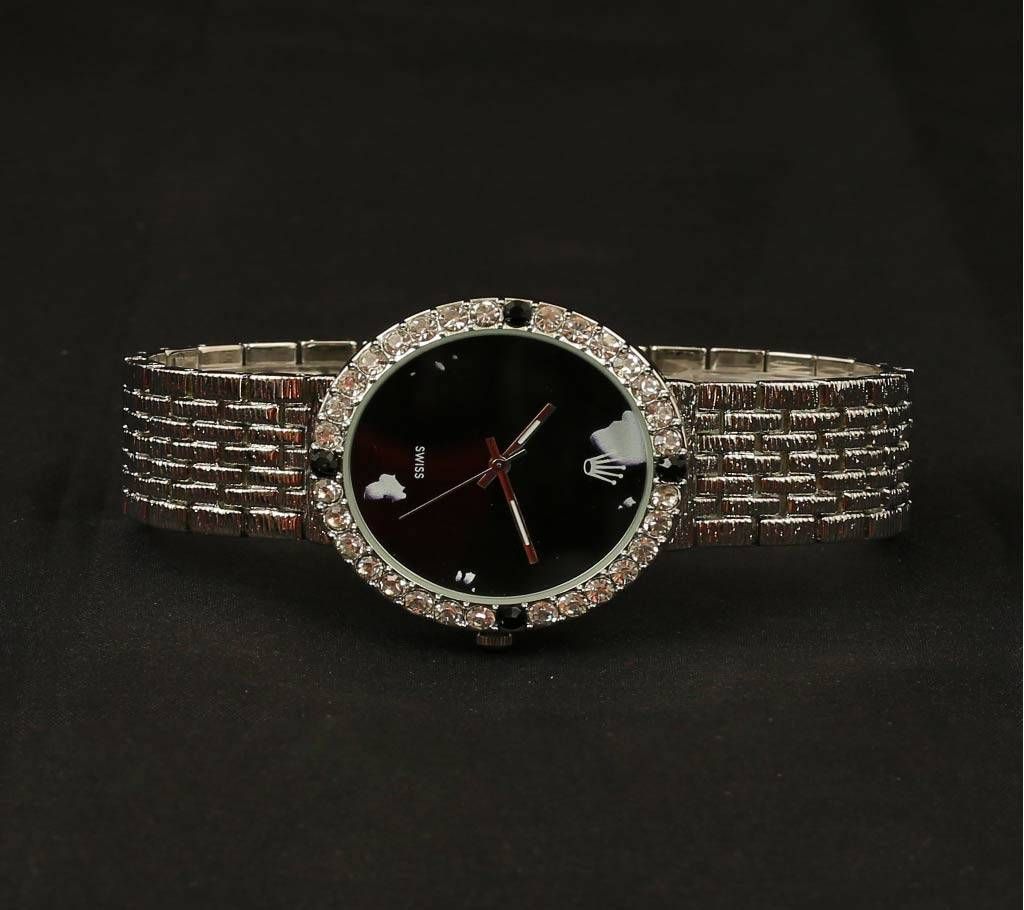 Black Dial Silver Color Chain Watch for Ladies