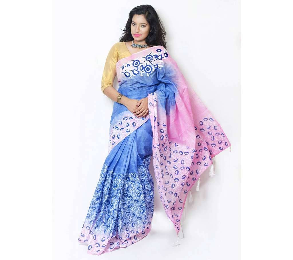 Block printed embroidery cotton sharee 