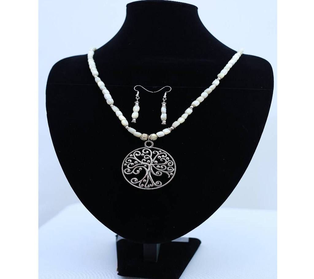 Greek Off-White Beads Silver Locket with Earrings