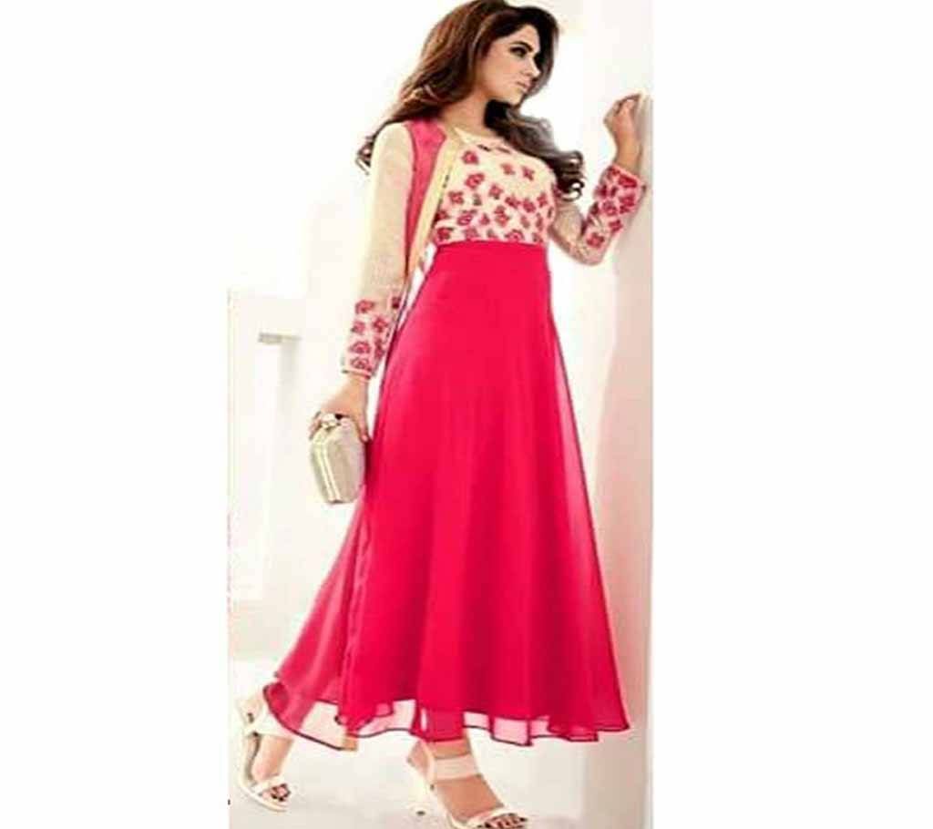 Pink & Off White Semi-Stitched Georgette Gown For Women