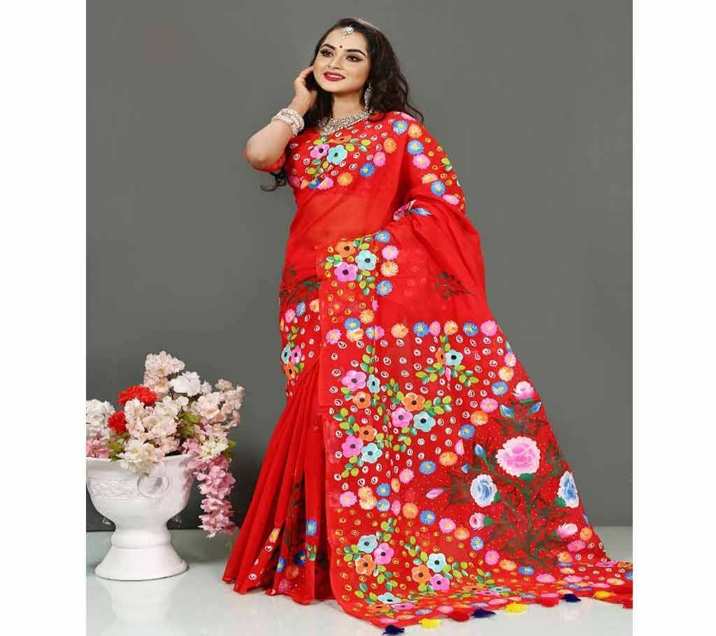 Pure Deshi Beautiful Sharee - 148 - Red Maroon with Multi Color Flower Design(SU671)