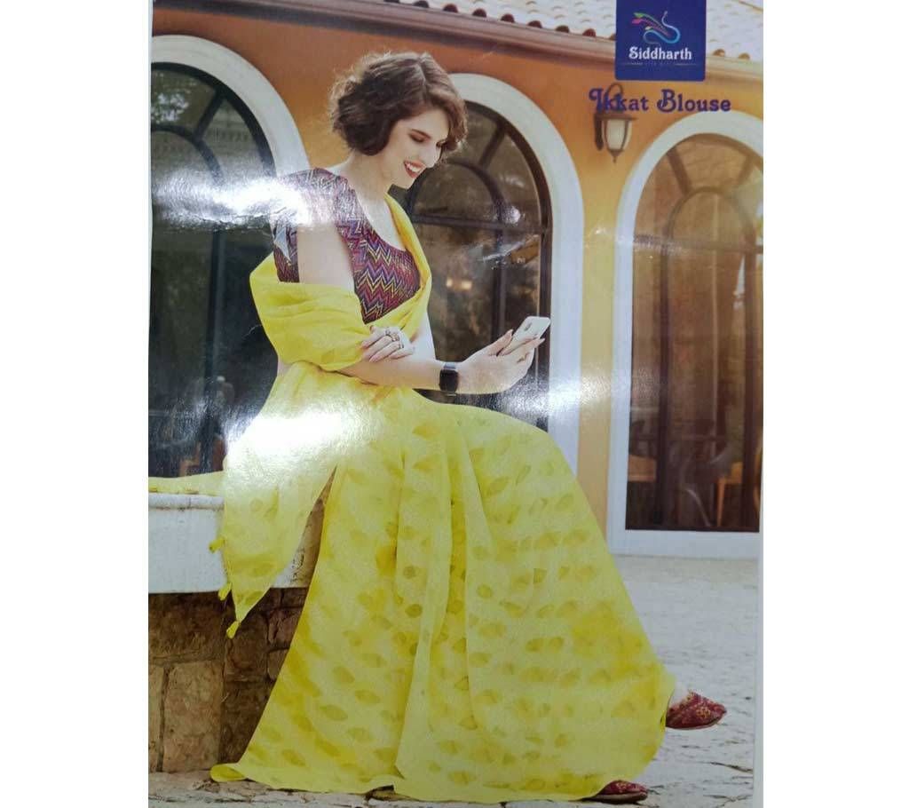 Unstitched Linen Jacquard Indian Saree - Yellow - IS015 - AMI
