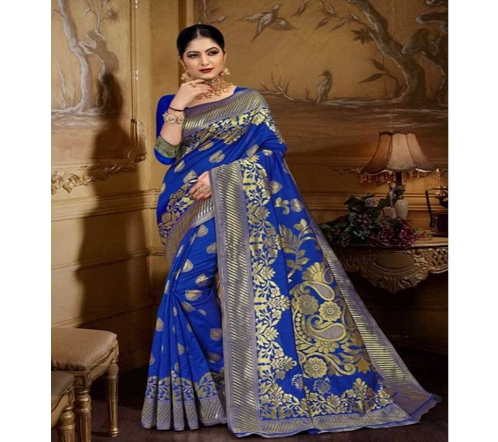 Blue and Golden Embroidery Work Katan Saree For Women