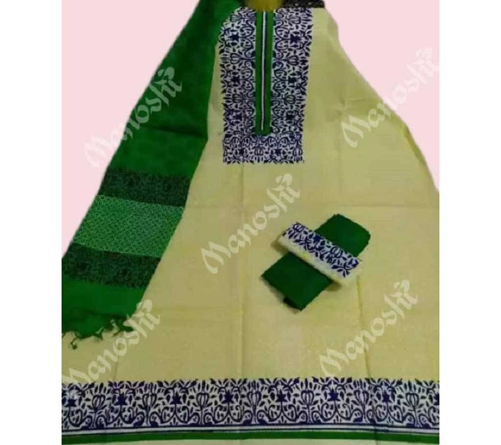 Unstitched Block Printed Three Piece for Women Dark Khaki Color