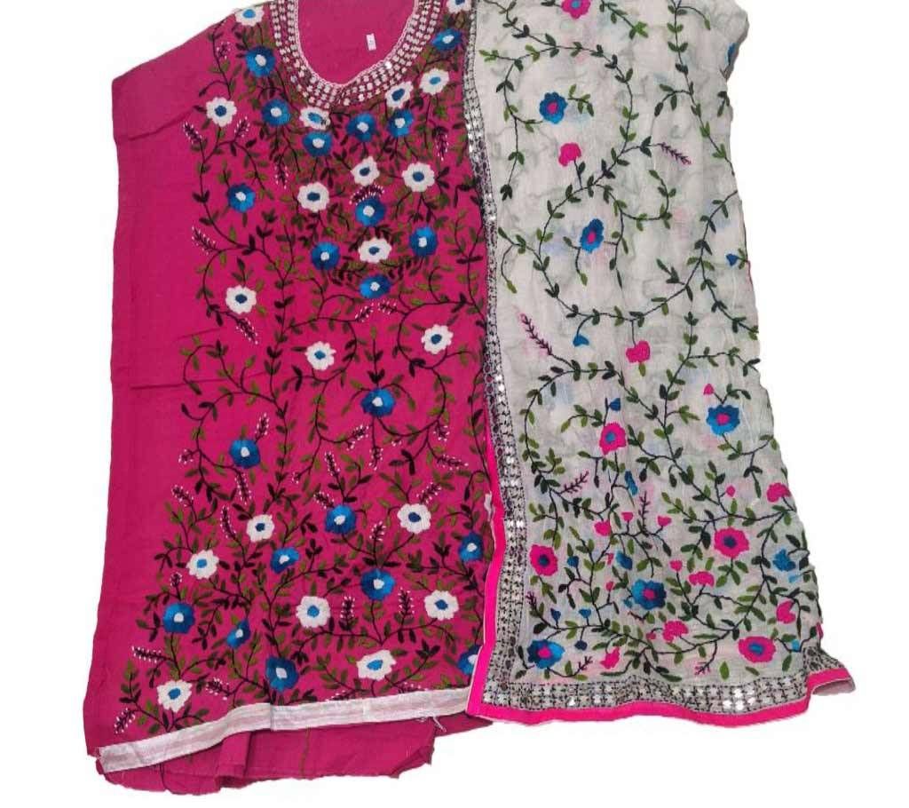 Unstitched Pink Cotton Phulkari Handset Dollar Work-2 Piece