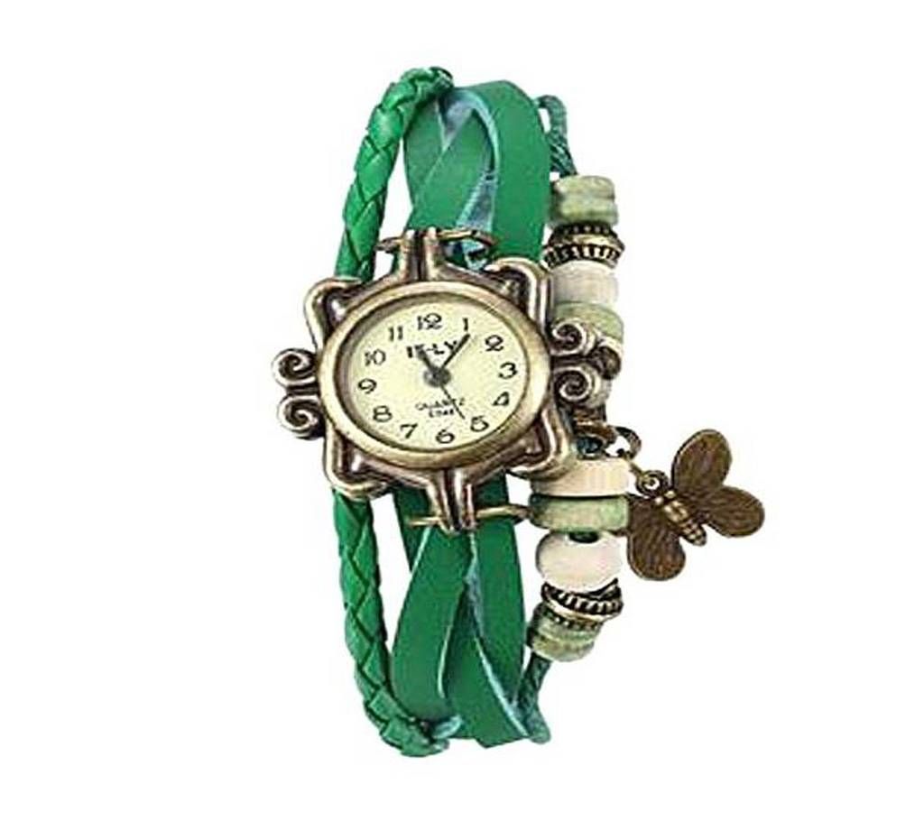 Green Leather Butterfly Vintage Watch for Women