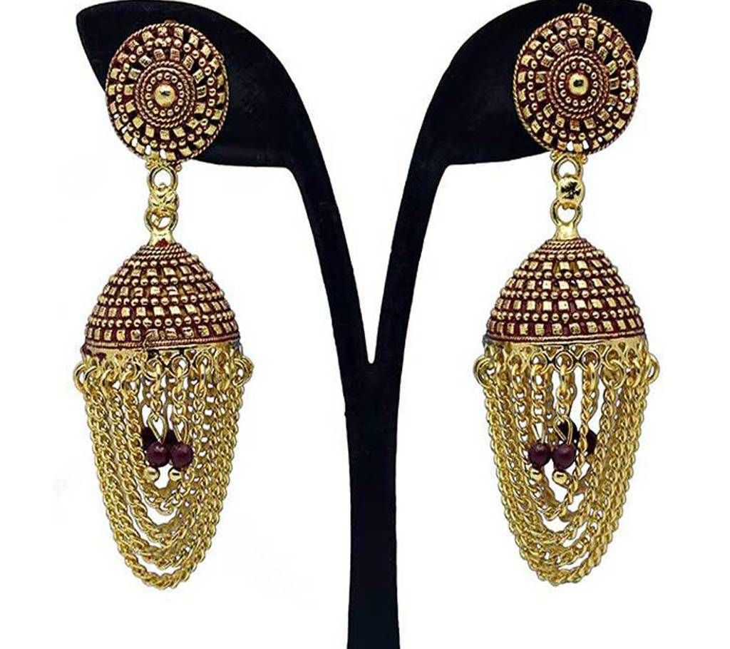 Gold Plated Maroon and Golden Indian Earring For Women