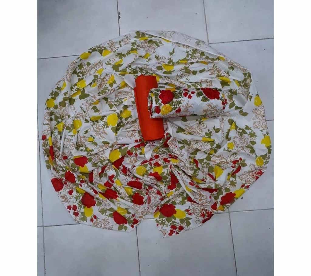 Joypuri Cotton Screen Print - White Color With Red And Yellow Color Flower Design