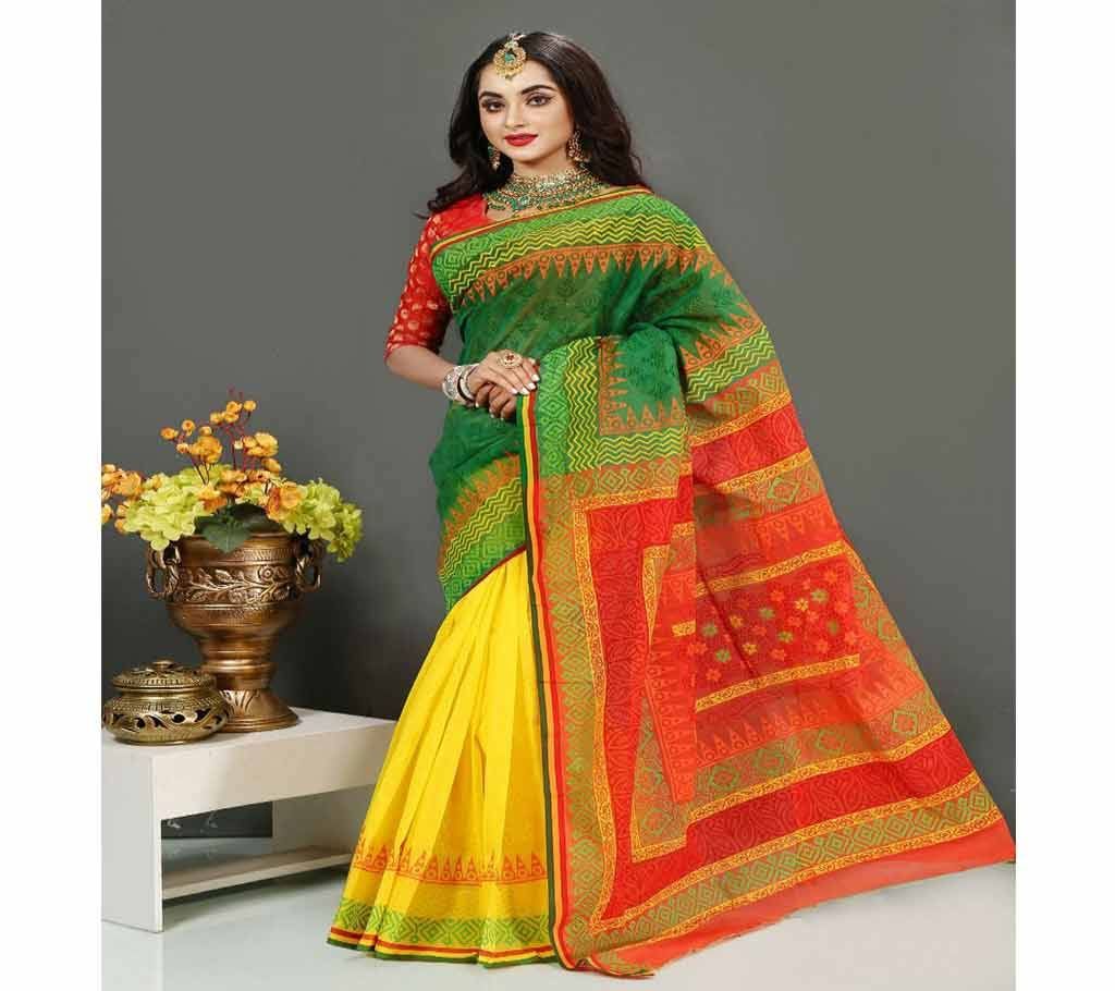Pure Deshi Beautiful Sharee - 149 - Forest Green and Yellow and Red Orange with Full Body Design code(SU672)