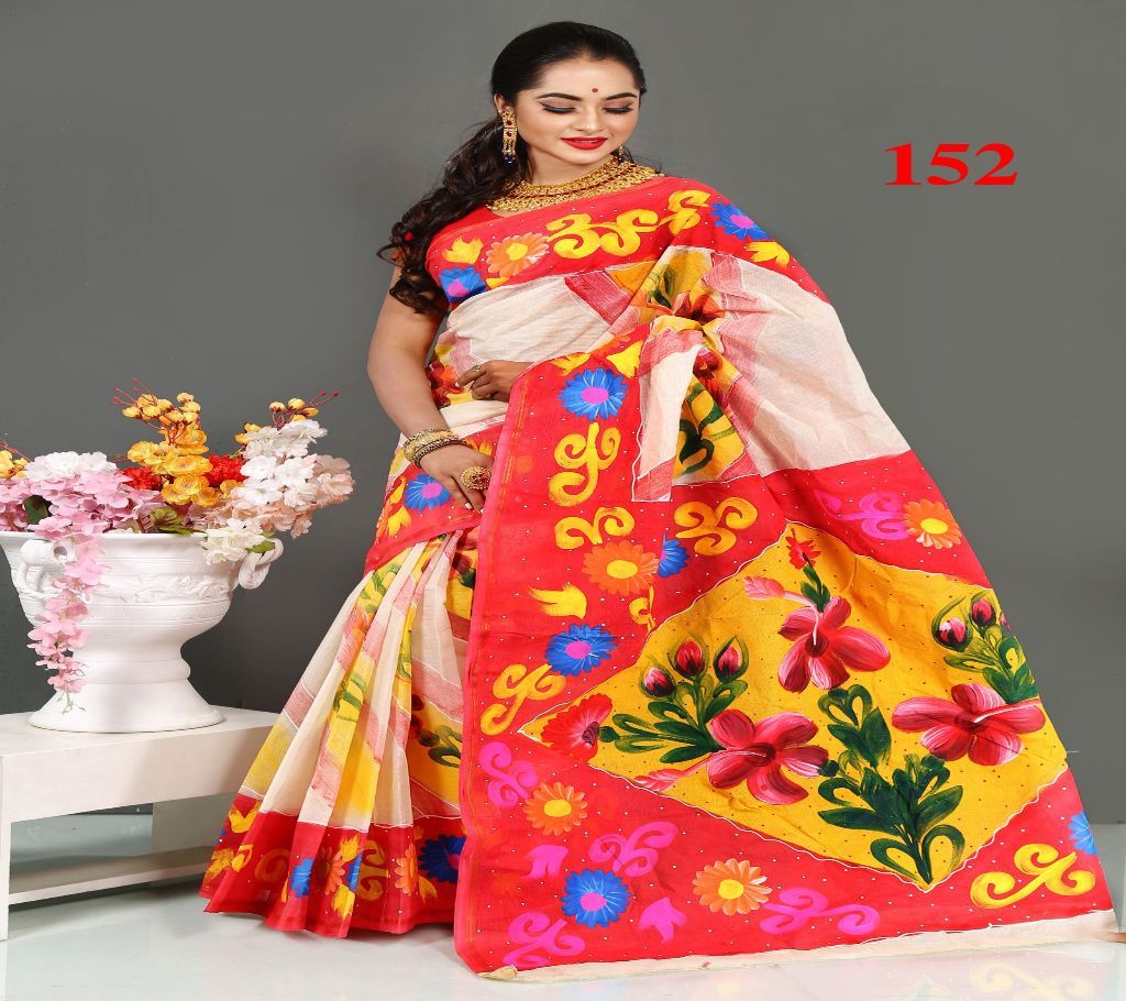 Boiskakhi Sharee- Off White and Red Maroon Part with Golden Orange Part in Anchol