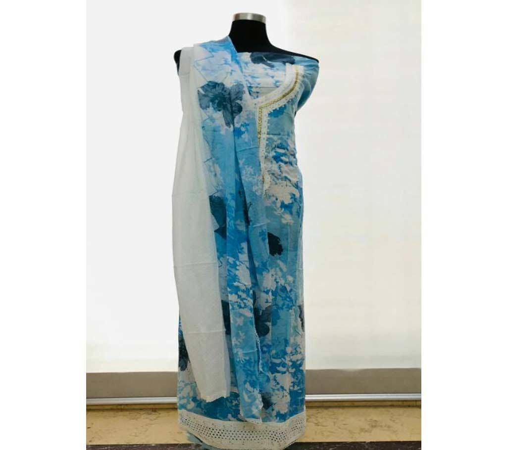 Eshani sky Blue. with sky Blue and cream Mix Dupatta cotton Three Piece 