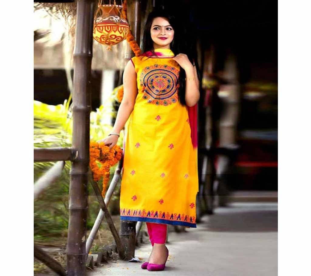 Unstitched Yellow Cotton Salwar Kameez For Women