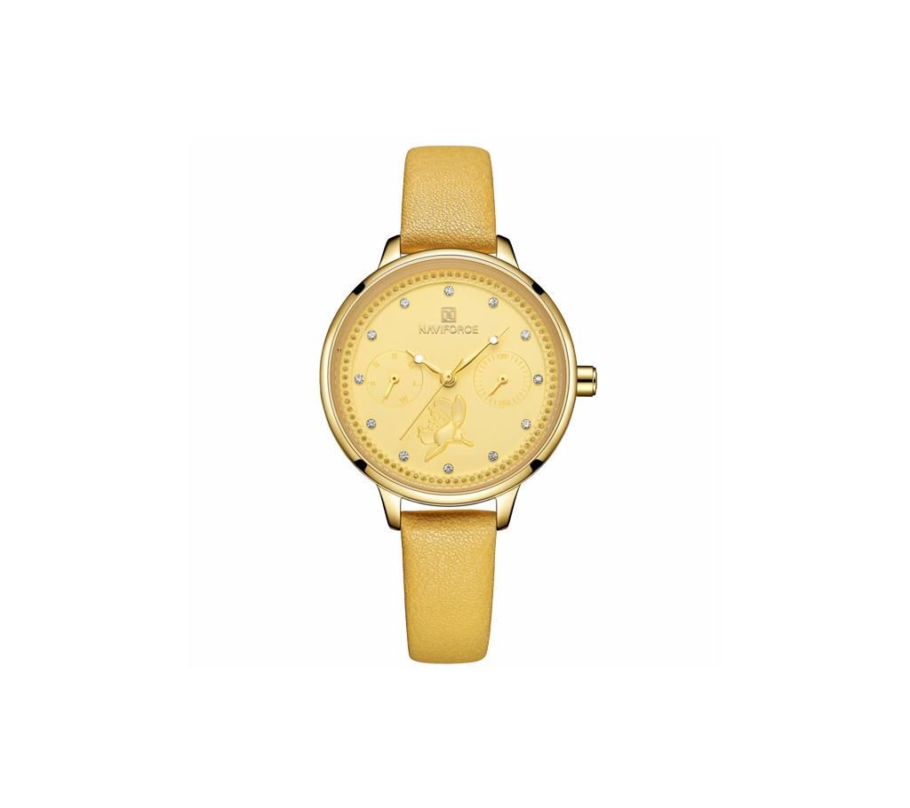 NAVIFORCE NF5003 Yellow PU Leather Sub-Dials Chronograph Watch For Women - Yellow & Golden
