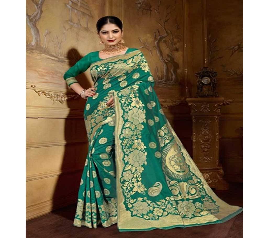 Paste and Golden Embroidery Work Katan Saree For Women