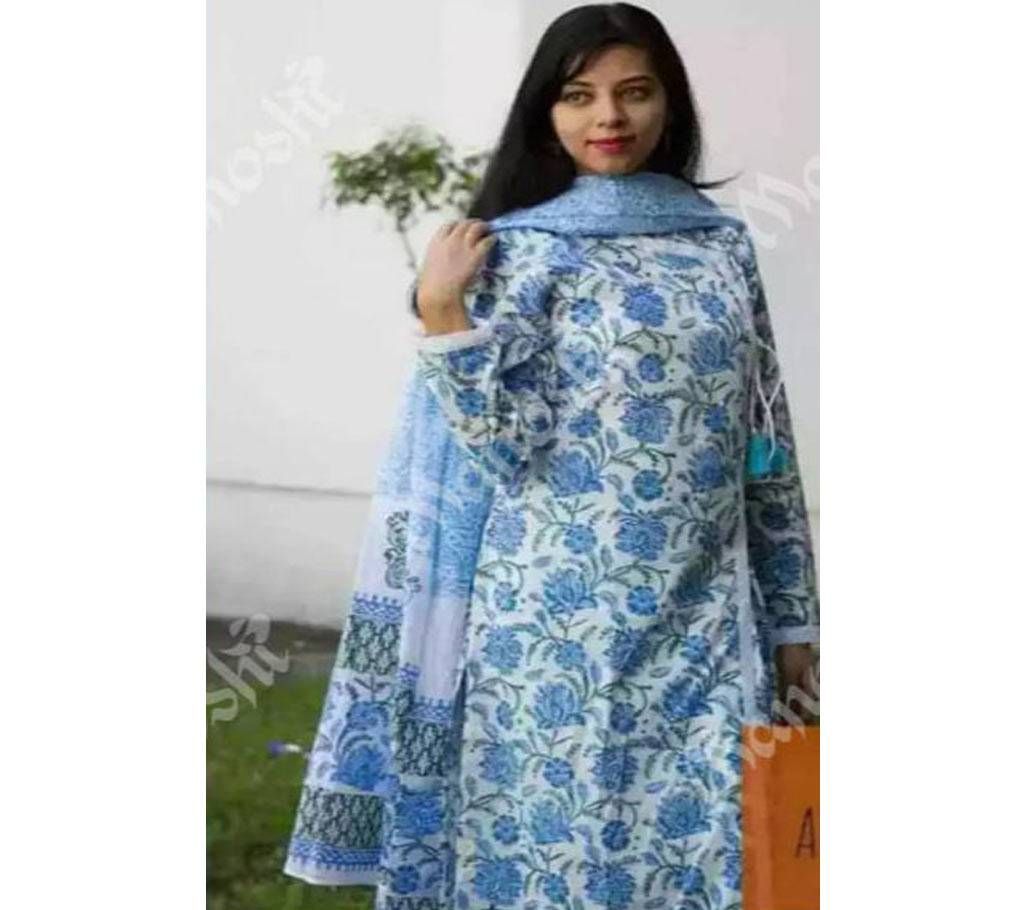 Unstitched Block Printed Three Piece for Women Sky Blue Color