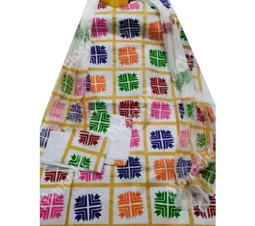 Unstitched Block Printed Three Piece for Women White Multi-color