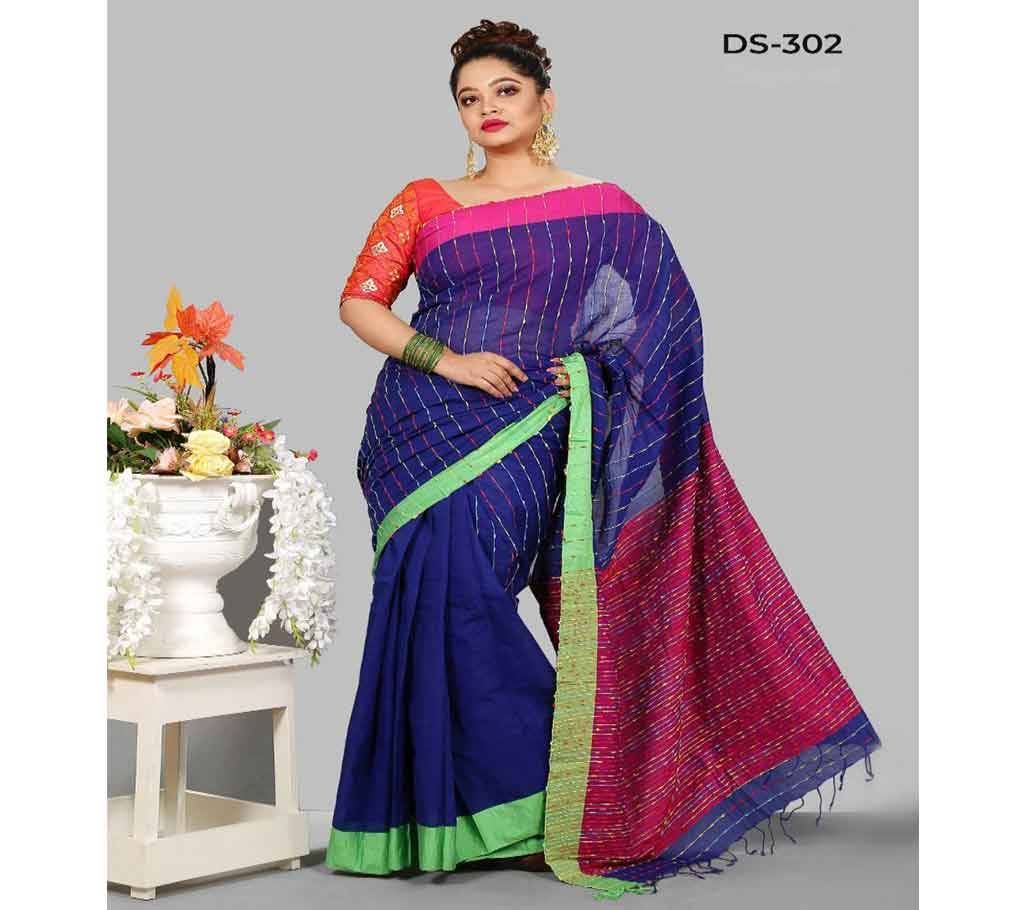 Cotton Variant Saree With Blouse Piece-Blue