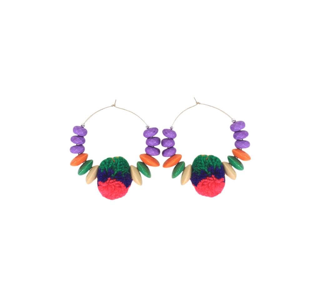 Multi Color Pom Pom Earring With Wooden Beads