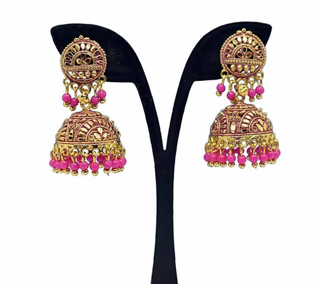 Indian Gold Plate Pink and Golden Earring For Women