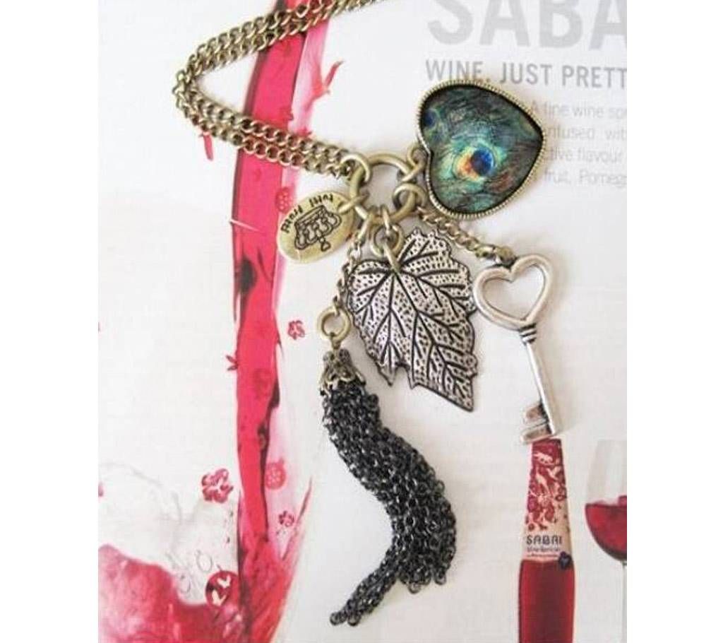 Heart Leaf Leaves Key Peacock Pendant Necklace Long Sweater Chain Necklace