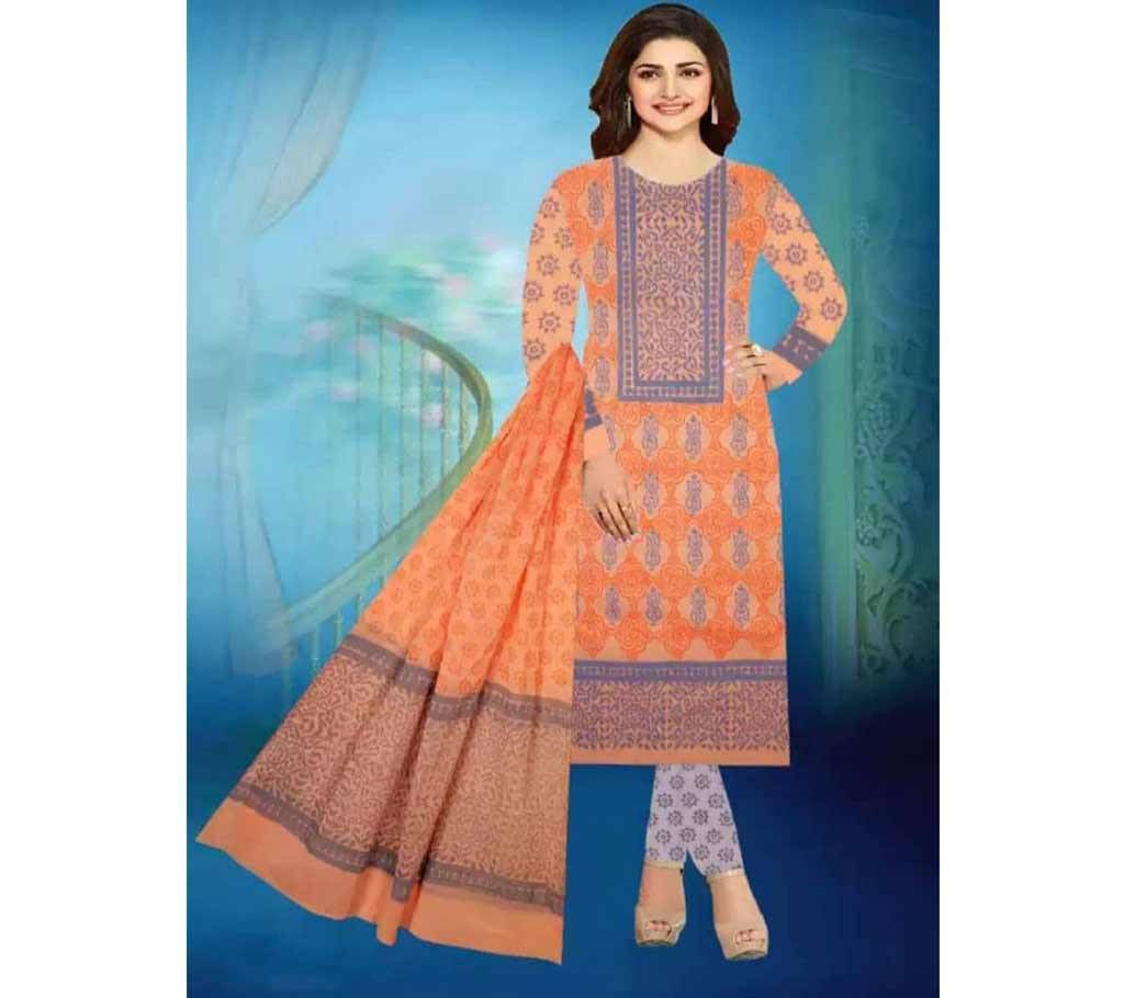 Unstitched Orange Cotton Block Printed Shalwar Kameez 