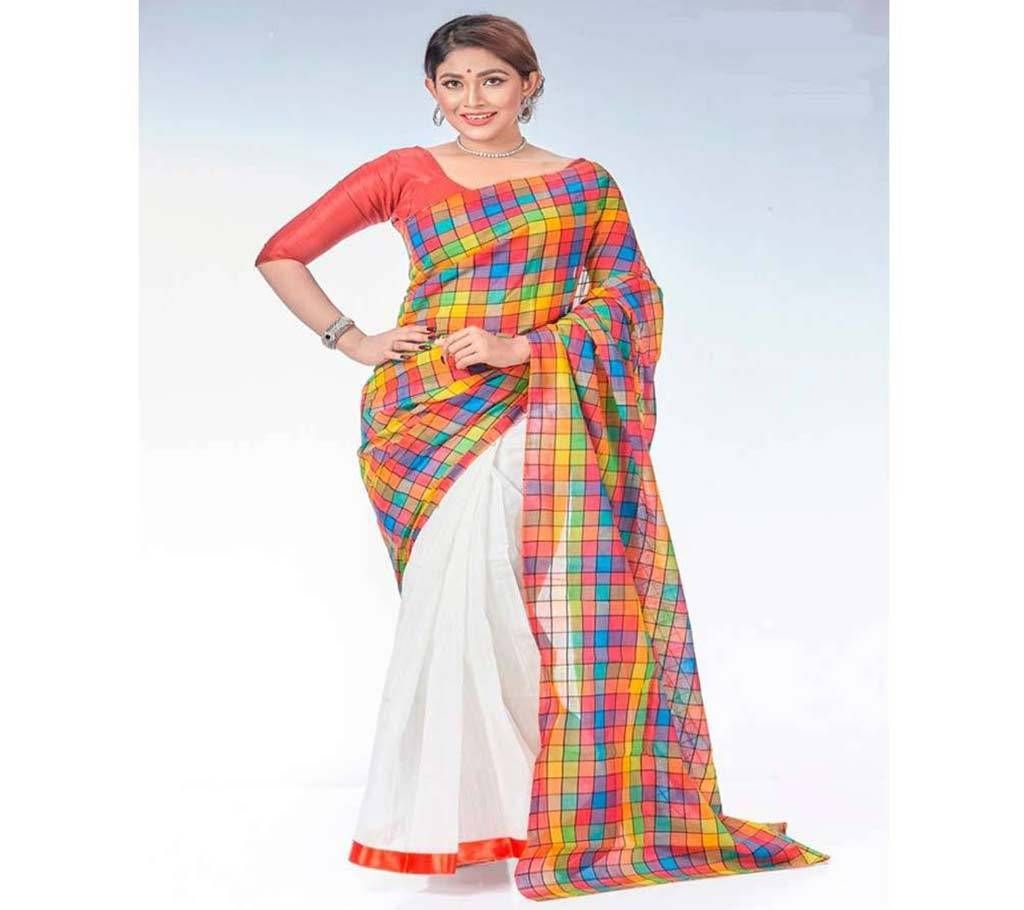 Check lilen cotton block printed Sharee