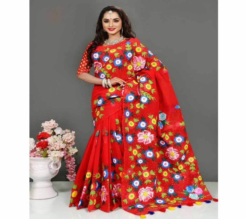 Pure Deshi Beautiful Sharee - 153 - Red Maroon with Multi Color Flower Design code(SU673)