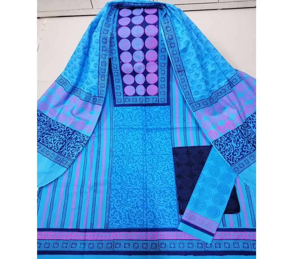 Unstitched Deshi Cotton 3Pcs with Cotton Orna - 51 - Blue with Purple Multi Design
