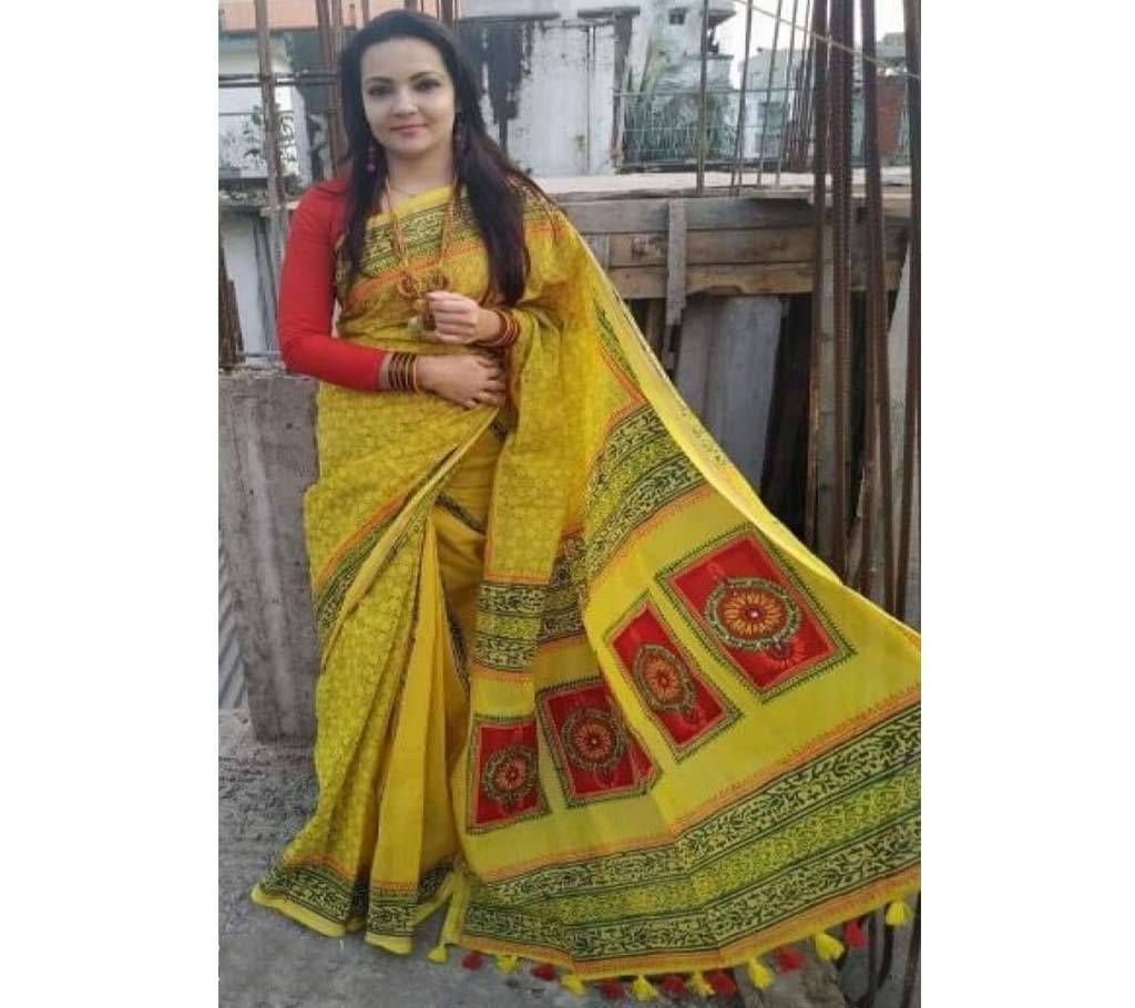 Yellow Green Block Cotton Sharee