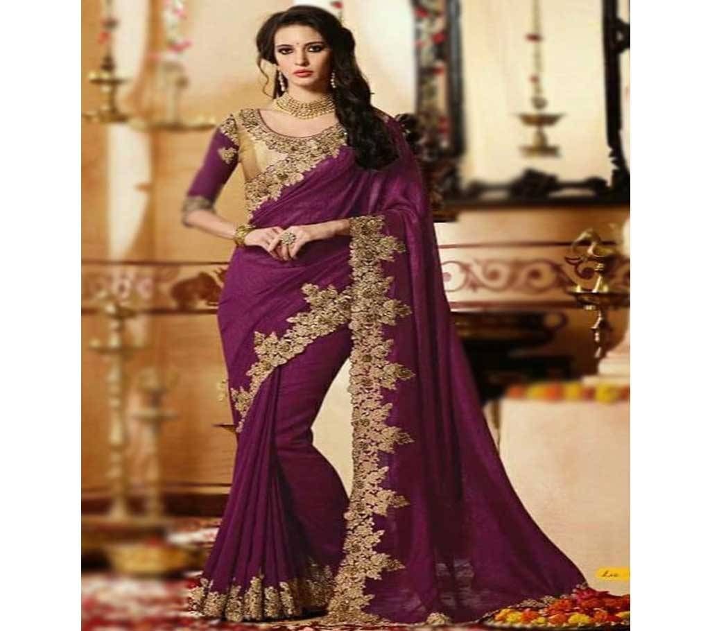 Indian Georgette Saree Without Blouse Piece Purple