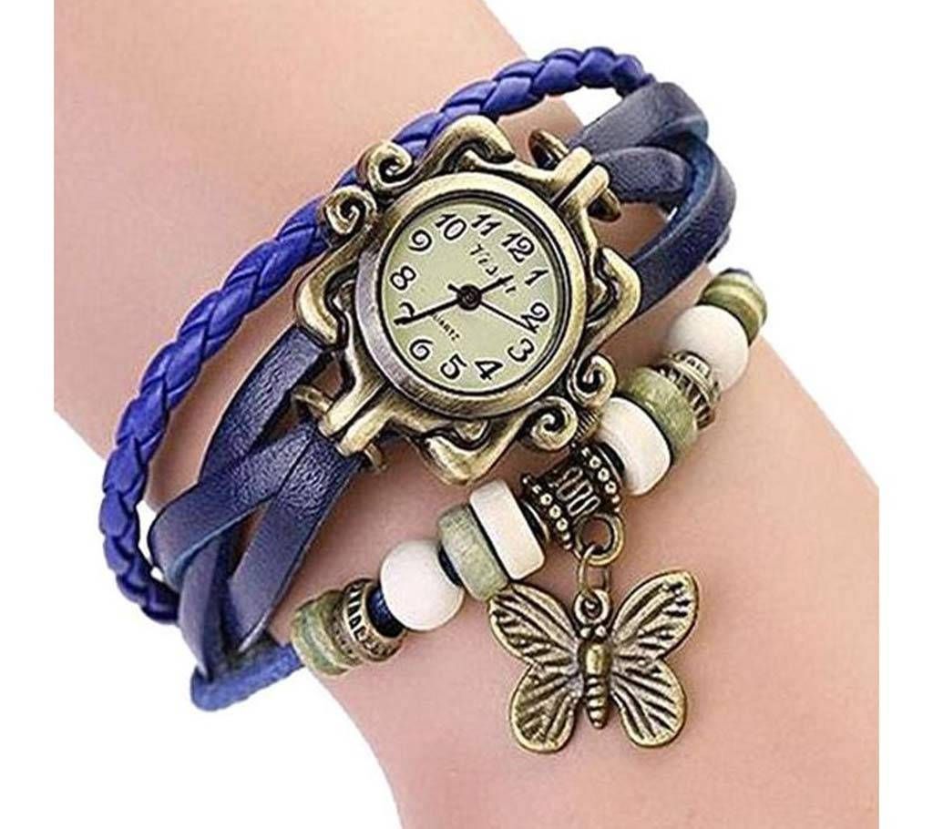  Vintage Manual Knitted Lady Leather Bracelet And Leaf Pendant Watch  Blue  SKA1