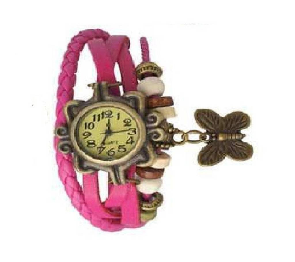 Hot Pink Leather Butterfly Vintage Watch for Women