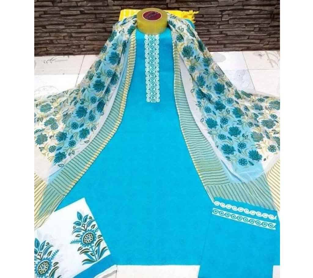 Unstitched Sky Blue Cotton Salwar Kameez for Women