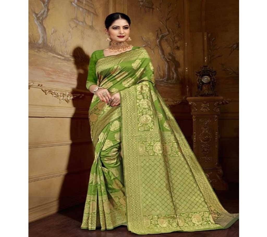 Lemon and Golden Embroidery Work Katan Saree For Women