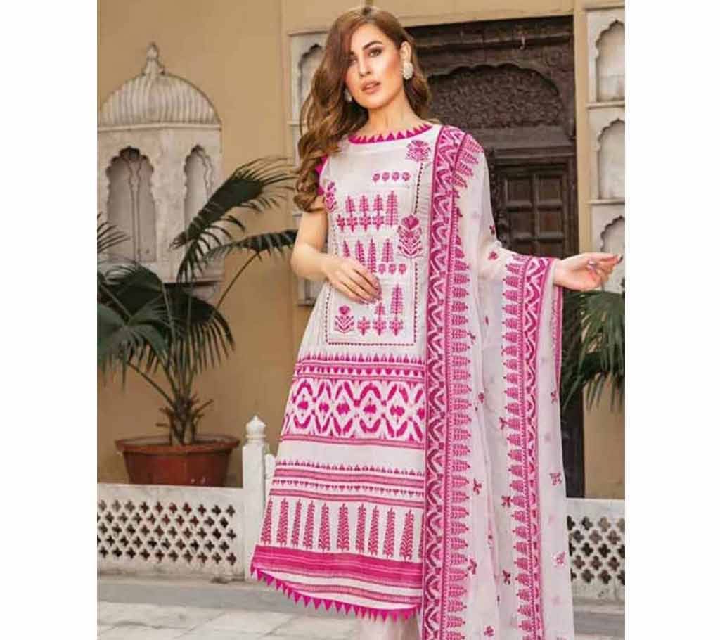 Unstitched Skin and Block Printed Cotton Three Piece
