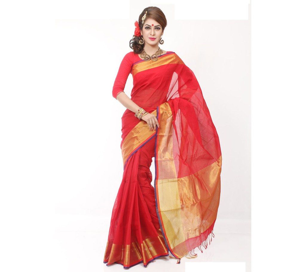Red Hand Loom Cotton Sharee with Golden Border